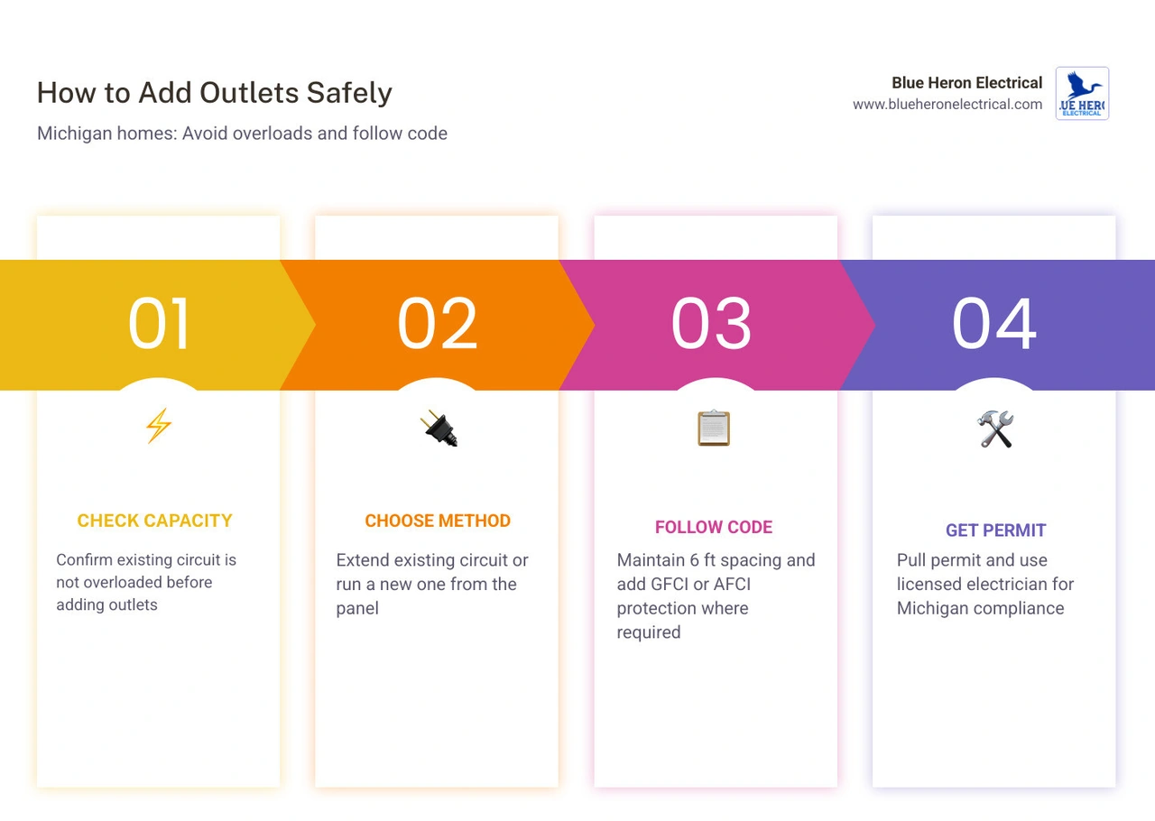 Infographic showing dangers of overloaded circuits, extension cord risks, and steps to safely add outlets in a Michigan home