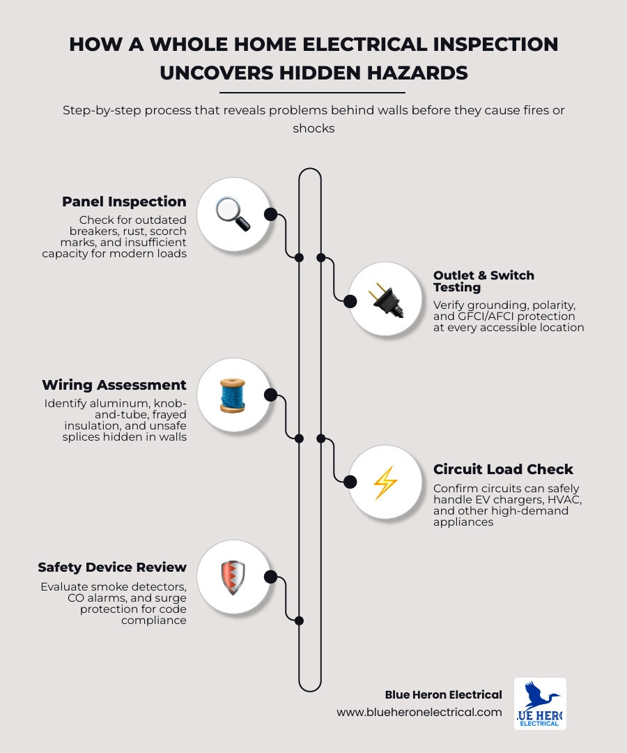 Infographic showing how a whole home electrical inspection uncovers hidden electrical hazards step by step infographic Infographic showing how a whole home electrical inspection uncovers hidden electrical hazards step by step infographic