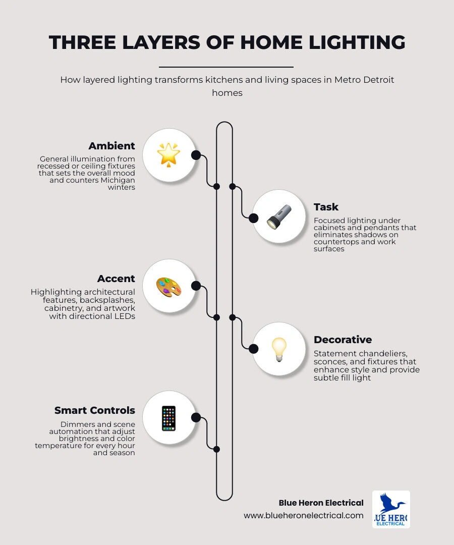Infographic showing three layers of home lighting: ambient, task, and accent with examples for kitchens and living rooms
