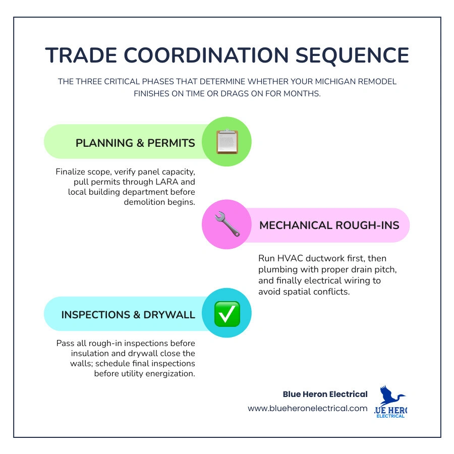 Timeline infographic showing the 10-step trade coordination sequence for a Michigan home remodel from permits to final