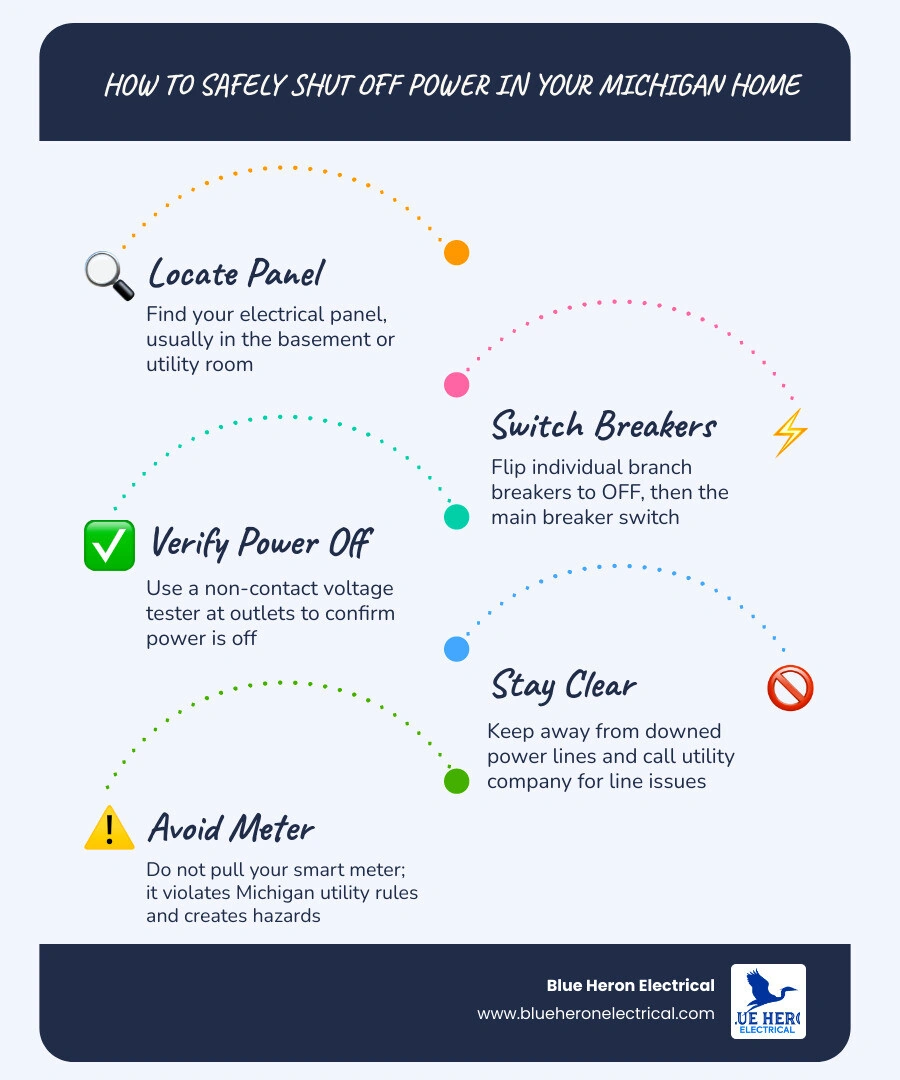 Step-by-step infographic showing how to safely shut off power in a Michigan home before calling an electrician infographic Step-by-step infographic showing how to safely shut off power in a Michigan home before calling an electrician infographic