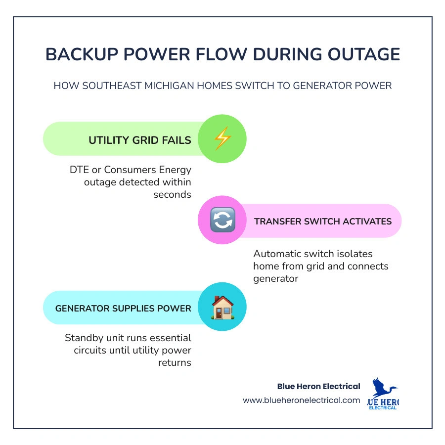 Step-by-step infographic showing backup power flow from utility grid through transfer switch to home generator infographic