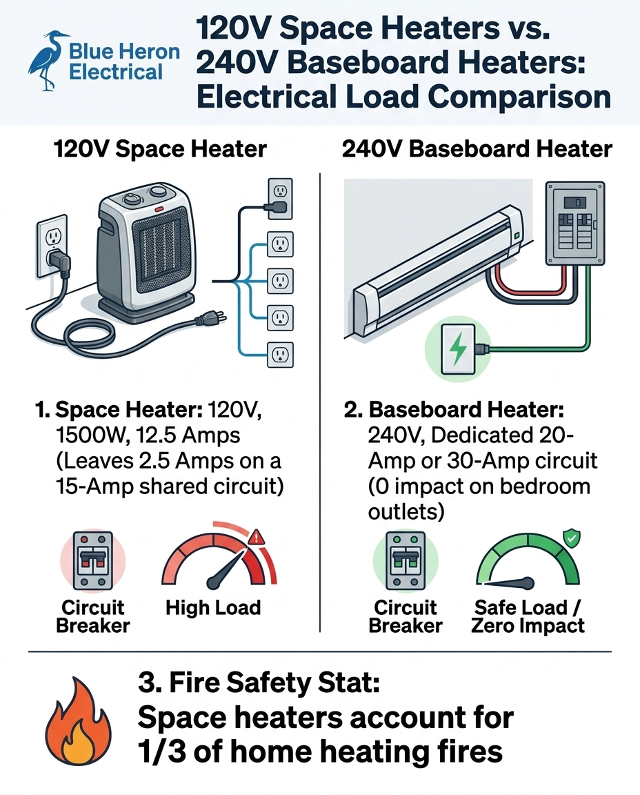 120V Space Heaters vs. 240V Baseboard Heaters: Electrical Load Comparison