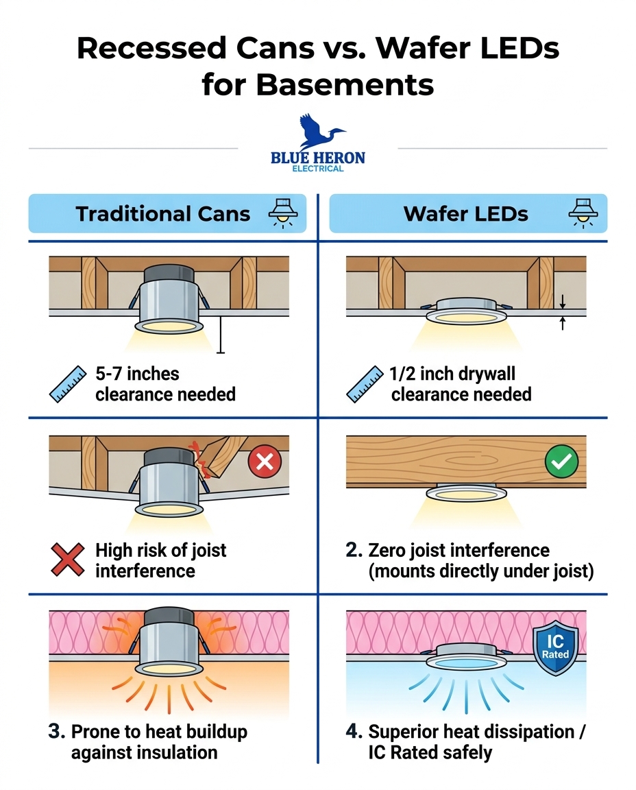 Recessed Cans vs. Wafer LEDs for Basements