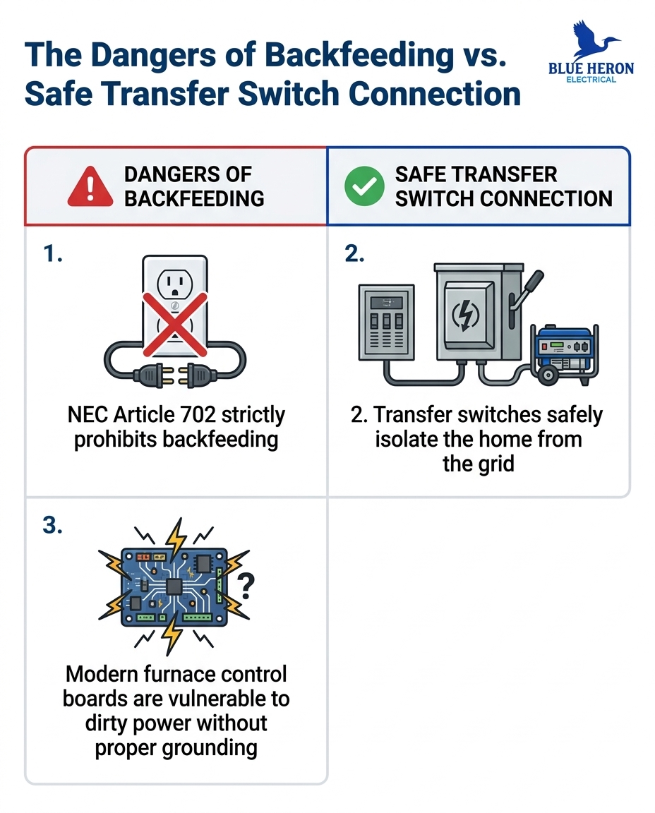 The Dangers of Backfeeding vs. Safe Transfer Switch Connection