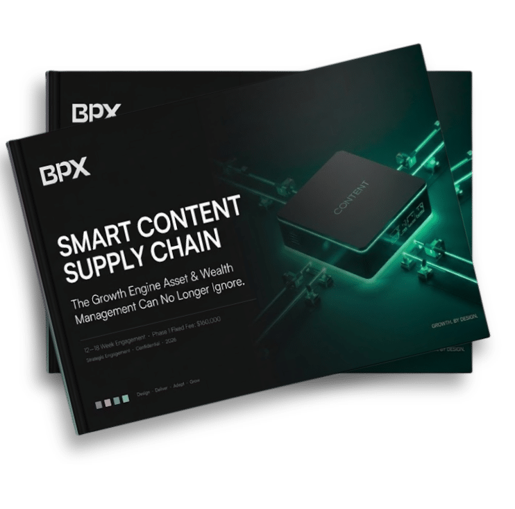 Two overlapping brochures titled 'SMART CONTENT SUPPLY CHAIN' with a digital network design and green glowing content box illustration.