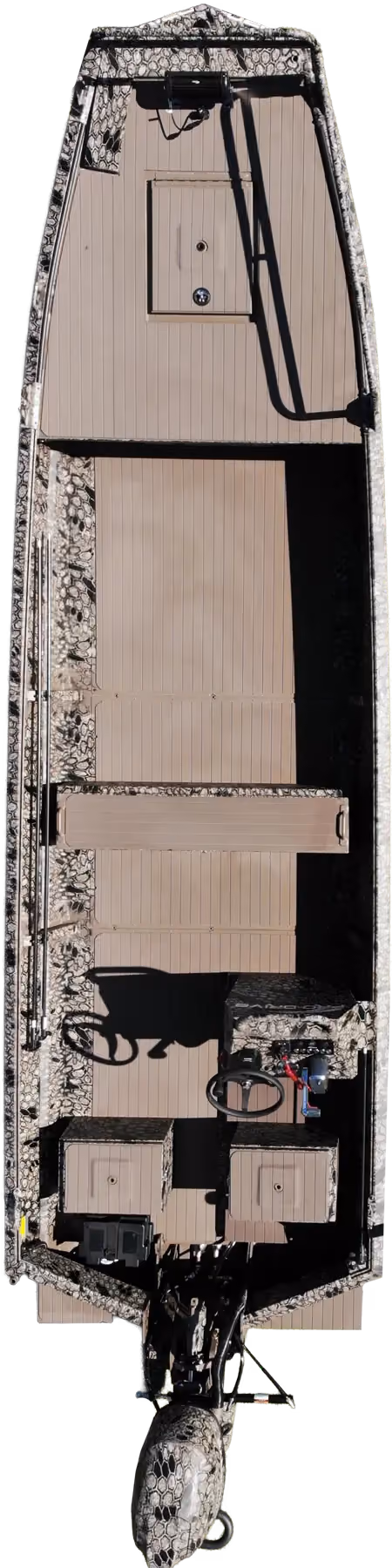 Top-down view of a camo-patterned flat-bottom fishing boat with a motor, two steering wheels, bench seating, and a spacious deck.