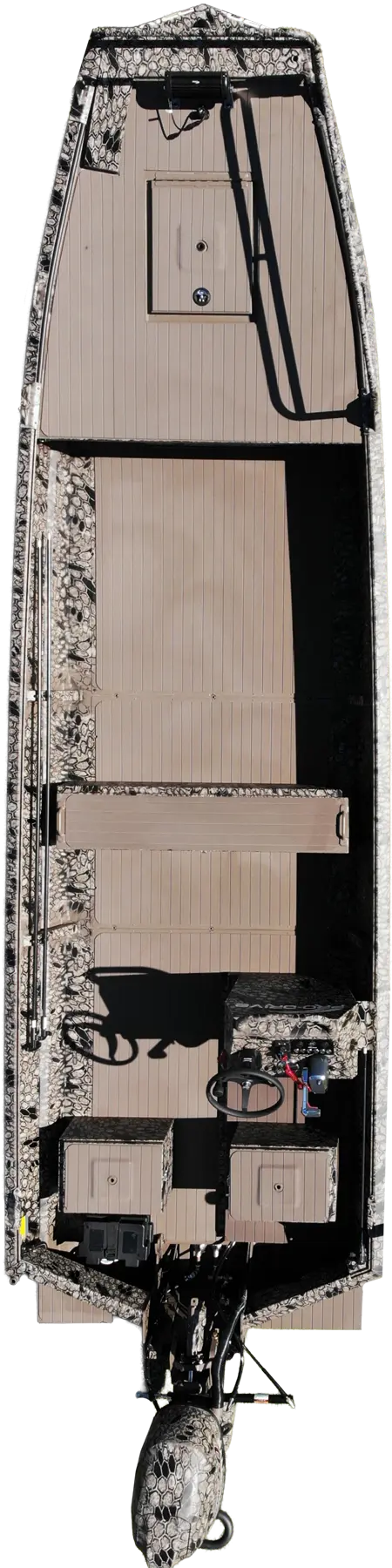 Top-down view of a camo-patterned flat-bottom fishing boat with a motor, two steering wheels, bench seating, and a spacious deck.