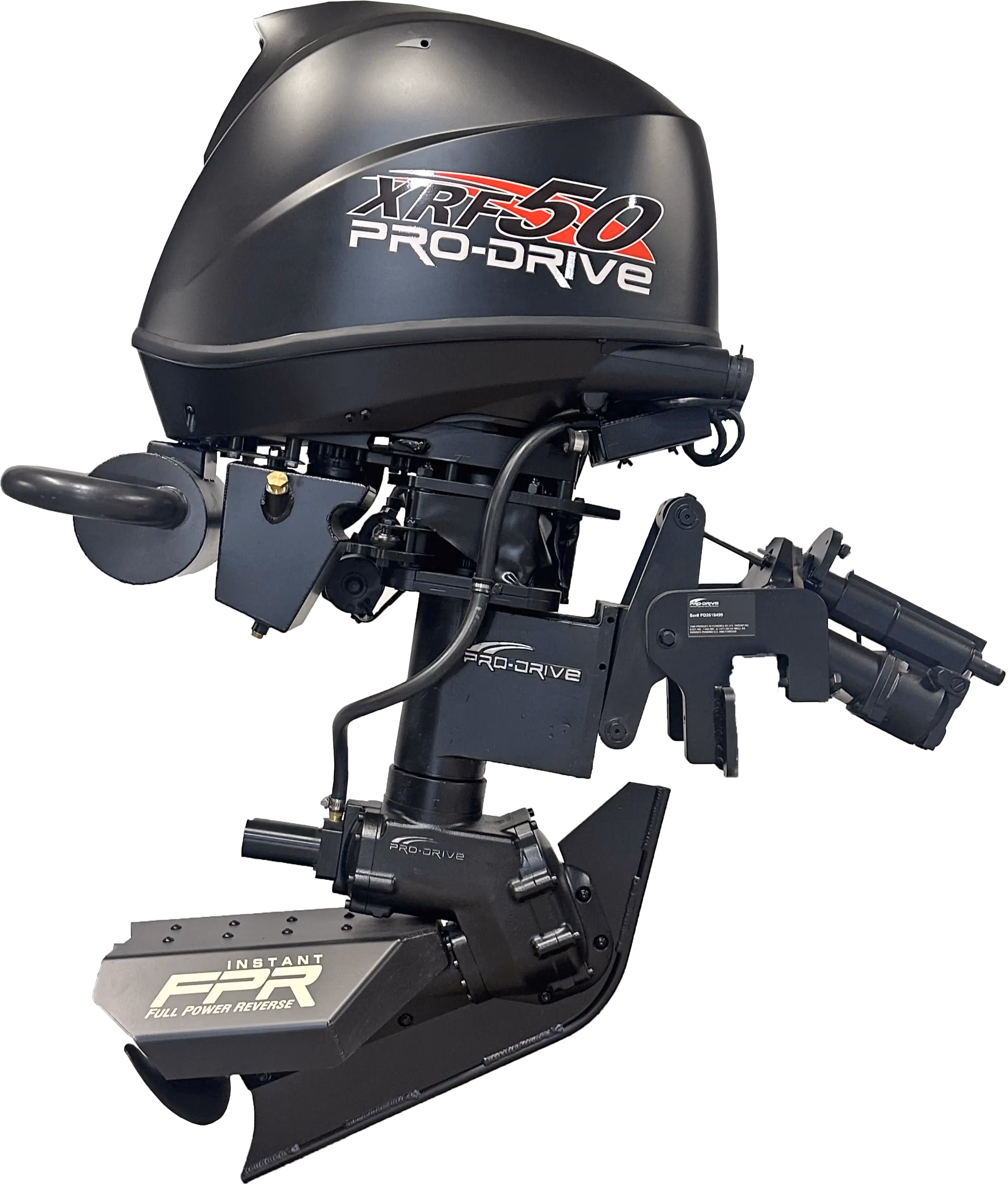 Side view of a black XRF50 Pro-Drive boat outboard motor with Instant Full Power Reverse system.