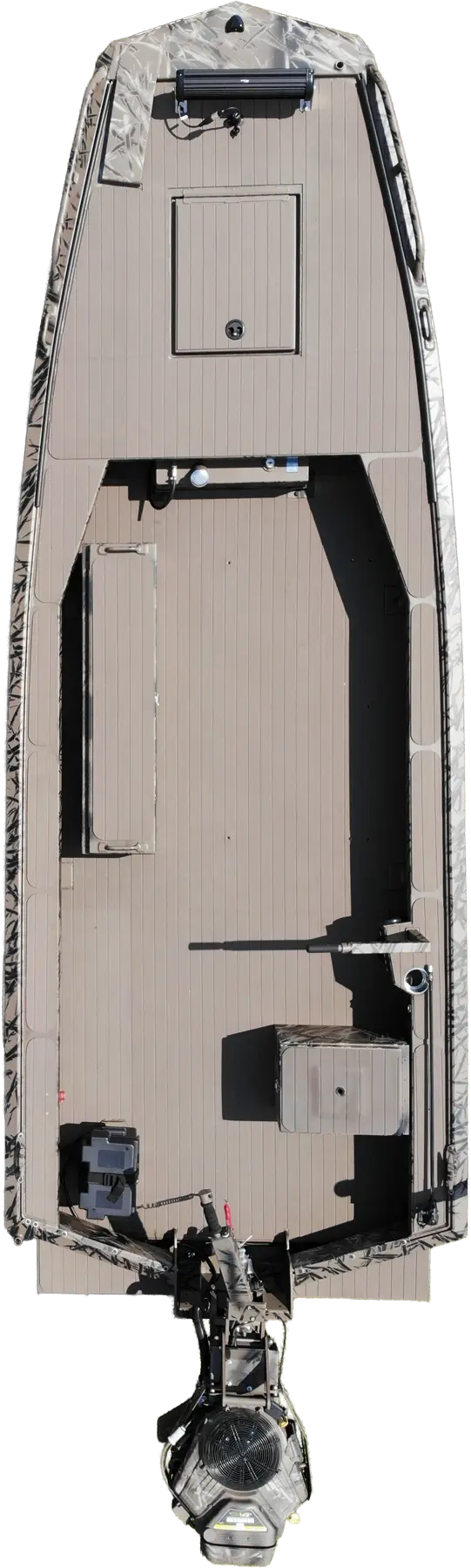 Top-down view of a camo-patterned flat-bottom fishing boat with an outboard motor and spacious deck.