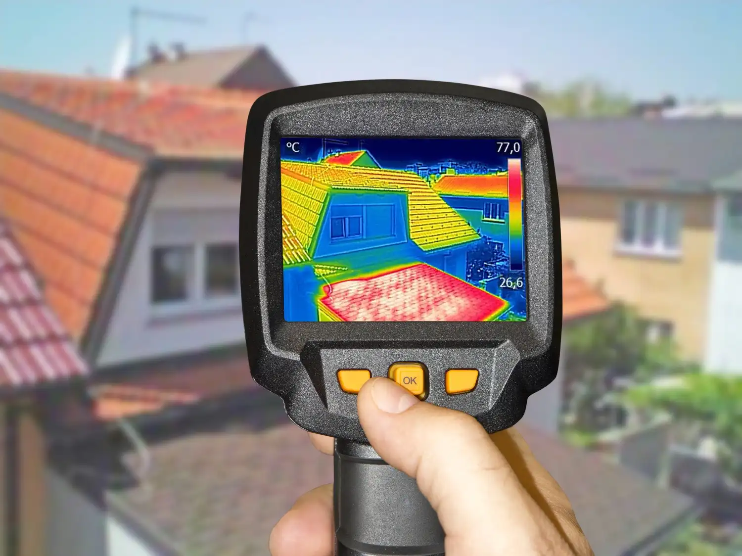 A handheld thermal camera displays a colorful heat map of a house during an infrared roof inspection.