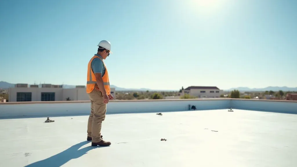 Professional commercial flat roof inspection scene in Carlsbad NM showing expert roofer, HVAC units, and cityscape under blue sky