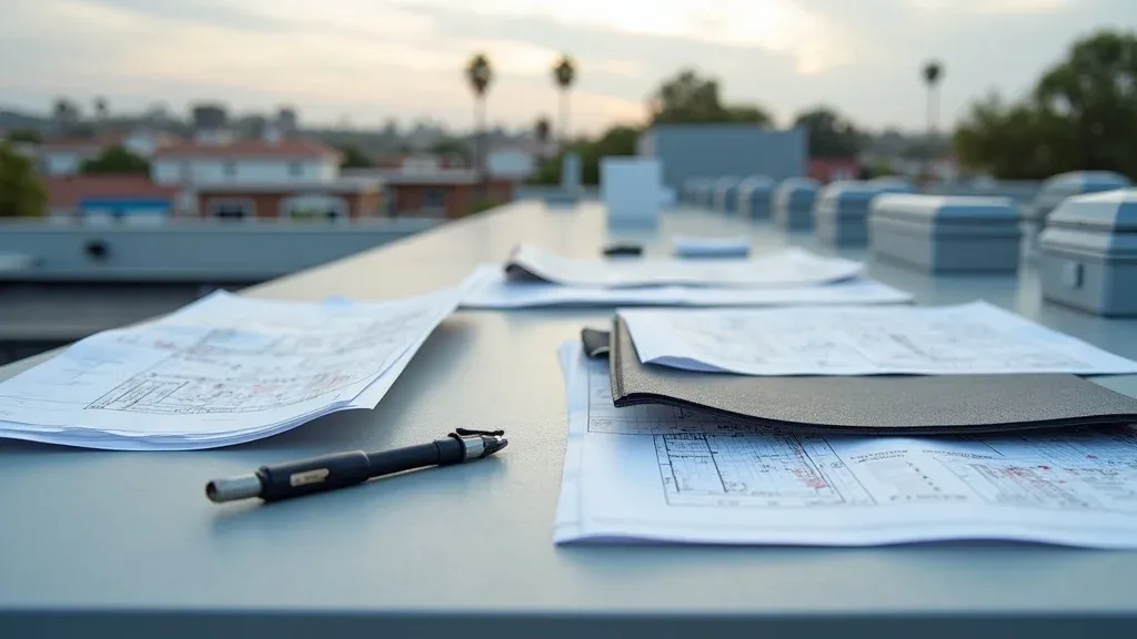 Array of flat roof material samples including TPO, EPDM, Modified Bitumen, PVC, BUR, SPF on commercial rooftop in Carlsbad NM