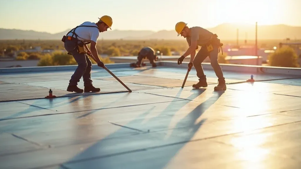 Flat roof installation teamwork in Carlsbad NM with expert installers and new membrane under desert sun