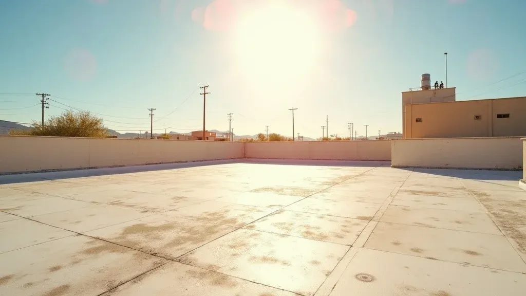 Commercial flat roof in Carlsbad NM with visible wear and storm damage under New Mexico sun