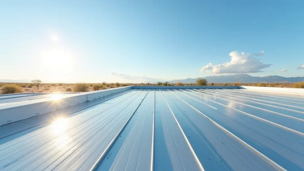 Modern Carlsbad NM commercial building with reflective flat metal roof under blue sky