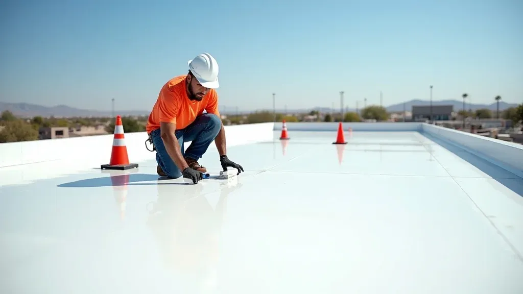 Roofing technician examining TPO roof during commercial roof inspection in Carlsbad NM, under sunny sky and cityscape