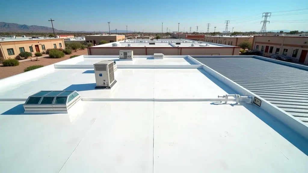 Aerial view of commercial roofs in Carlsbad NM showing TPO roofing, metal roof, and EPDM side by side