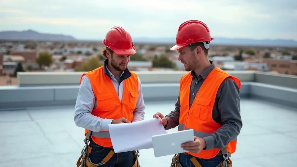 Building manager and roofing contractor on Carlsbad NM commercial roof reviewing blueprints and safety, city views in background