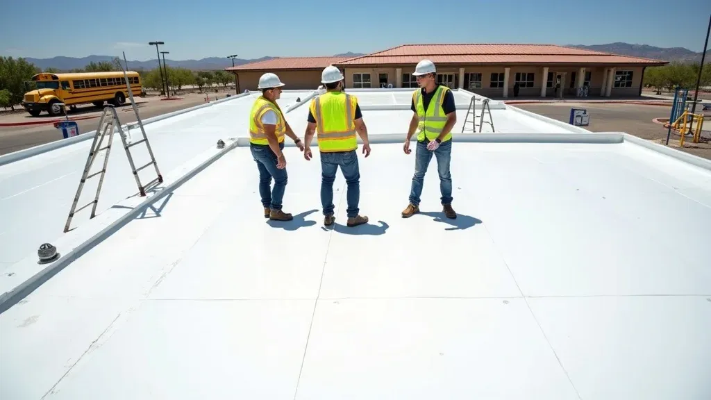 Successful school roof replacement in Carlsbad NM—happy contractors inspecting new TPO roof under sunny skies