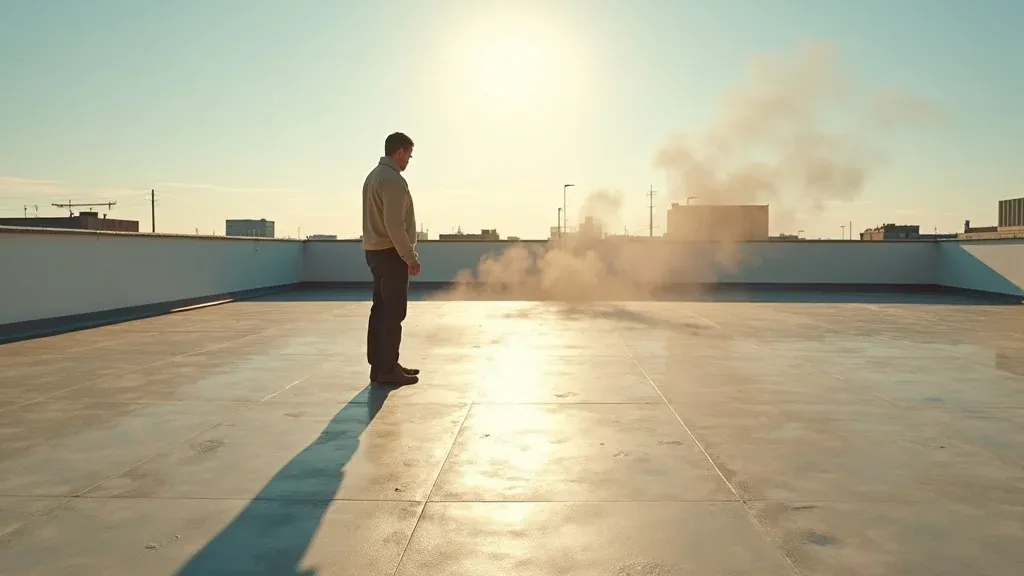 Weathered commercial rooftop showing sun bleaching and wind exposure, with a concerned building owner inspecting the flat surface. This photorealistic image captures dramatic sky, bright sun, and dusty wind atop a commercial roof, styled in high-contrast earth tones under harsh midday sunlight.