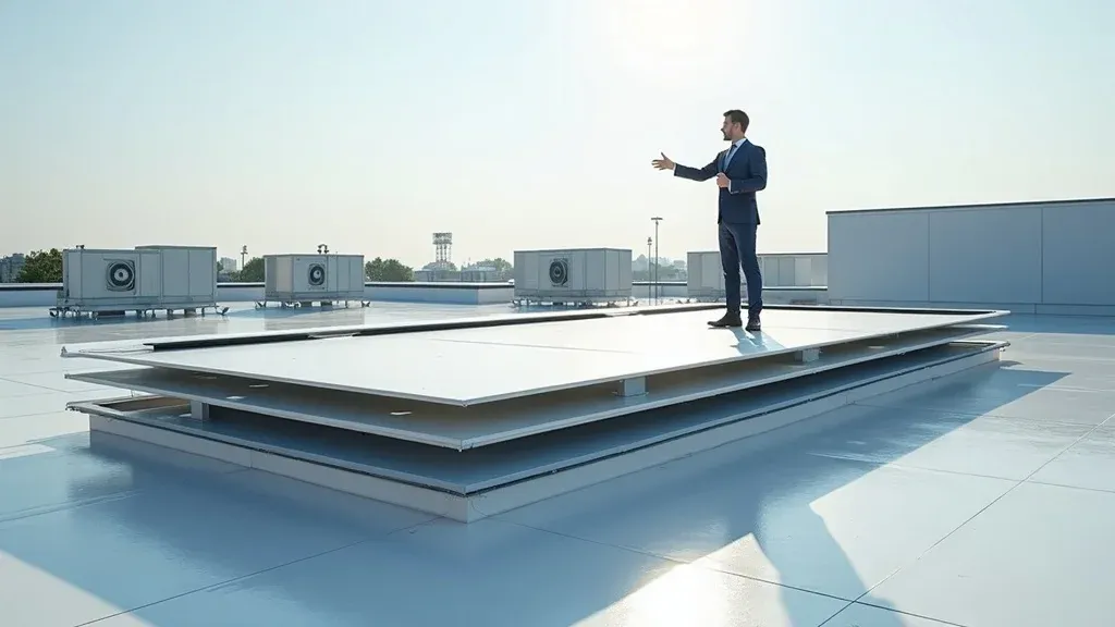 Modern commercial building rooftop showing various durable roofing layers in cross-section, with a professional roofing expert pointing out the layers. Photorealistic scene with HVAC units, skylights, and crisp metallic and gray tones under even daylight.