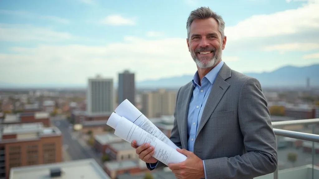 Confident roofing consultant Kelly Hopkins in professional attire, standing on a commercial rooftop overlooking SE NM commercial buildings, holding blueprints and roofing samples with a welcoming smile under a blue sky.