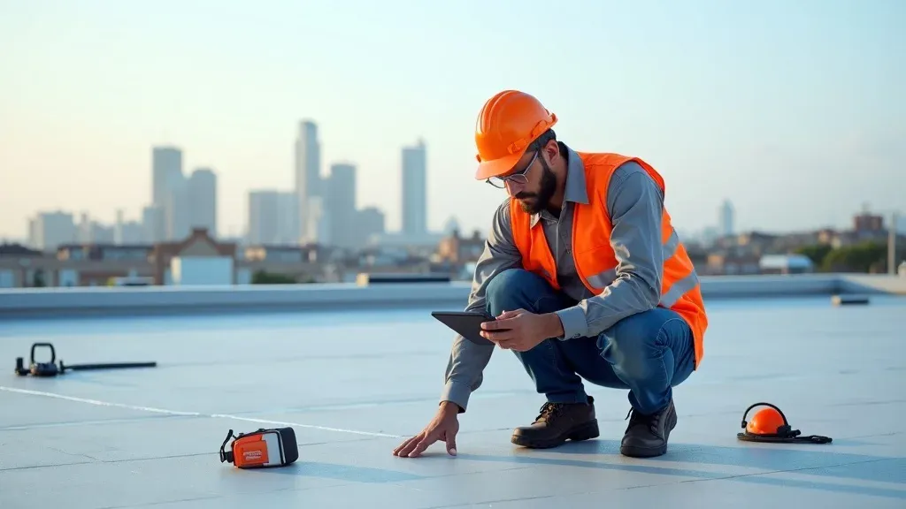 Professional roof inspector in safety vest and helmet carefully examining a rooftop with a digital tablet, with city skyline in the background. Emphasized safety colors and detailed inspection equipment under clear morning light.