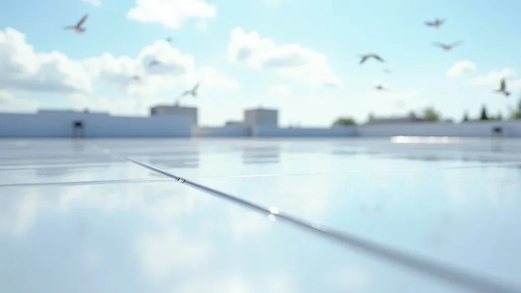 Close-up of a durable metal and TPO roof intersection with protective coatings on an expansive flat commercial roof. The image shows maintenance-free surfaces, subtle reflections, and flying birds under soft sunlight.
