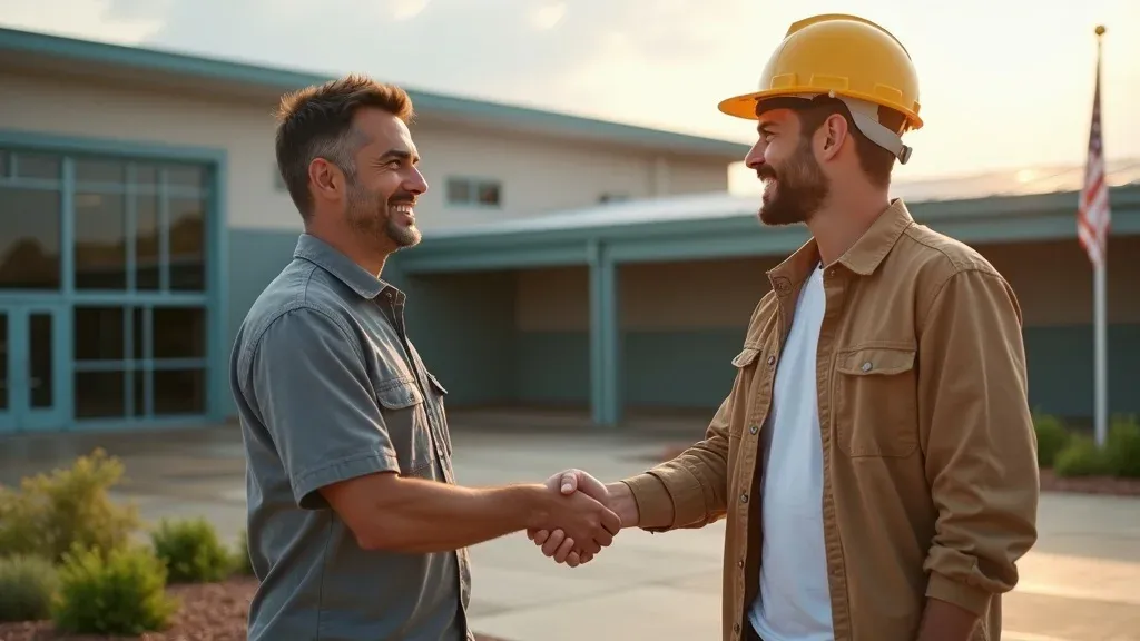 Facility manager shaking hands with roofing contractor in front of a renovated school with new durable commercial roof, wind-blown flag, and landscaping at golden hour in SE NM.