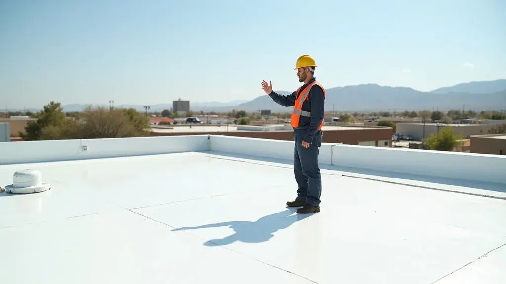 Expert roofing inspector reviewing commercial roof water damage in Roswell NM
