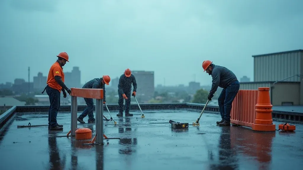 Roofing crew setting safety barriers for emergency commercial roof repair in stormy Roswell NM