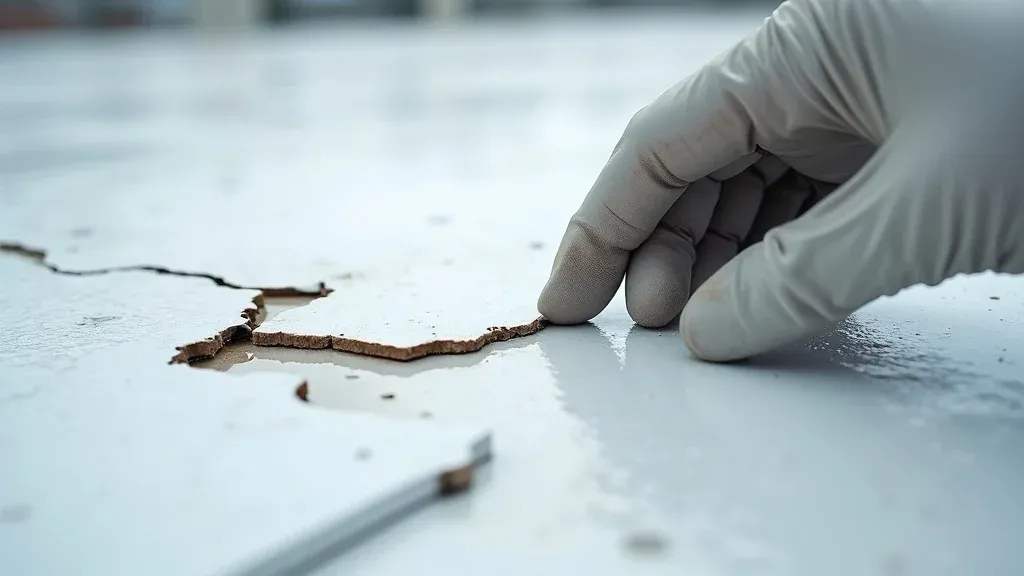 Cracked and blistered roofing membrane with pooling water on a commercial roof in Roswell NM