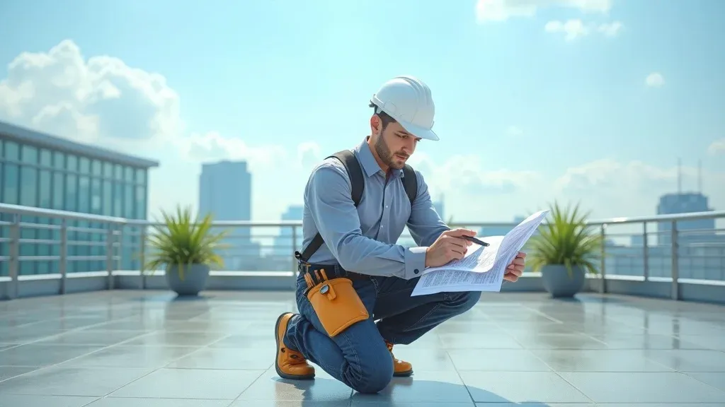 Technician inspects commercial office roof for preventive maintenance in Roswell NM