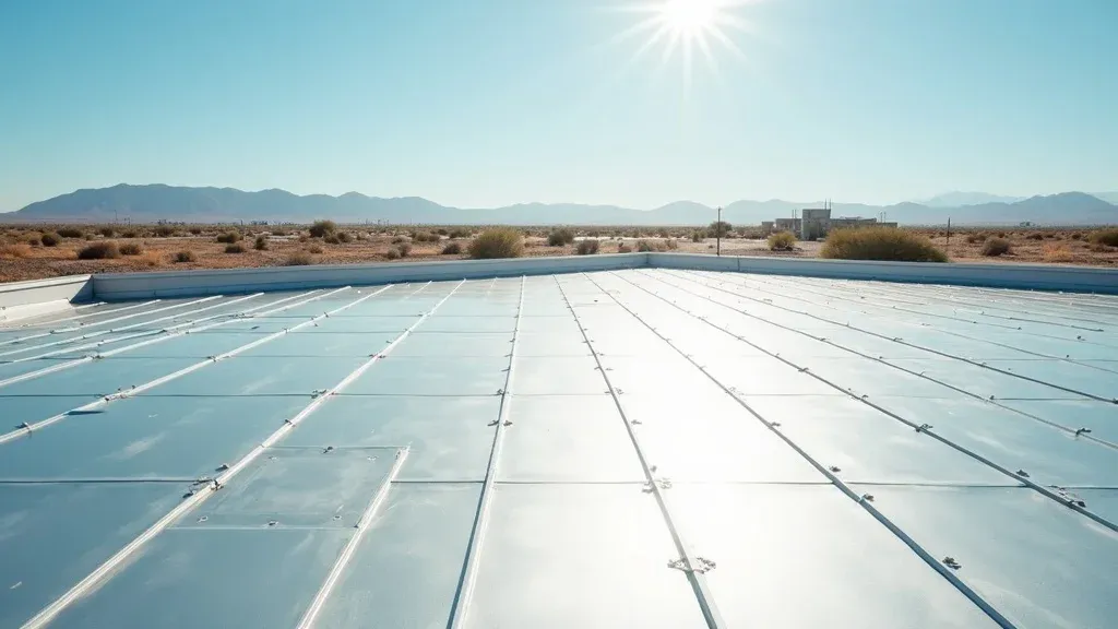 Commercial building rooftop with energy-efficient reflective panels in Carlsbad NM, sunbaked backdrop, no people — energy-efficient roofing Carlsbad NM