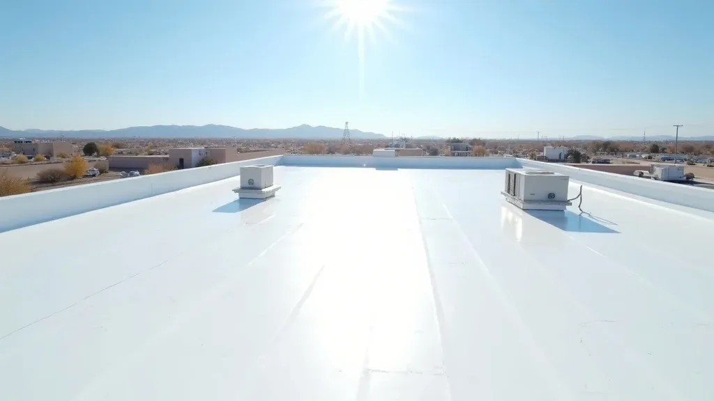 Expansive flat commercial rooftop with high-efficiency single-ply membrane, solar panel arrays; set in Carlsbad NM