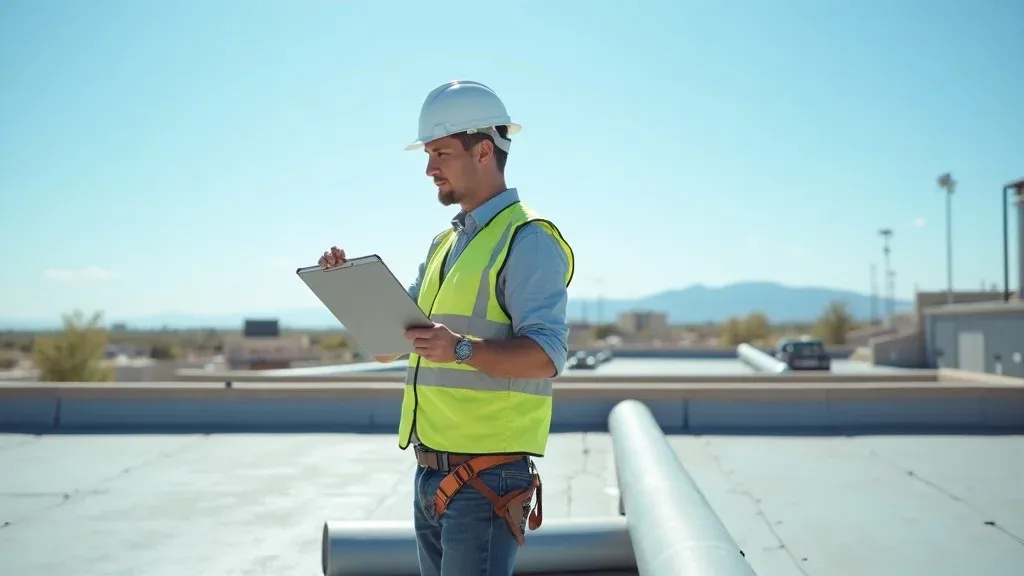 Contractor in safety vest conducting energy-efficient roofing installation inspection on Carlsbad NM commercial roof