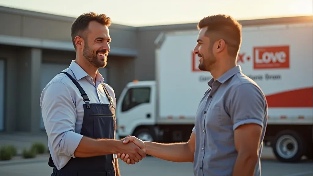 Friendly roofing contractor from Design Roof Services LLC greeting business client outside Carlsbad NM office with visible commercial roof edge