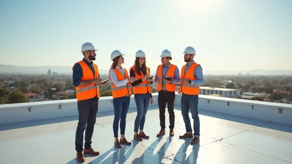 Business team reviewing energy-efficient metal and flat roof exterior on Carlsbad NM commercial building rooftop