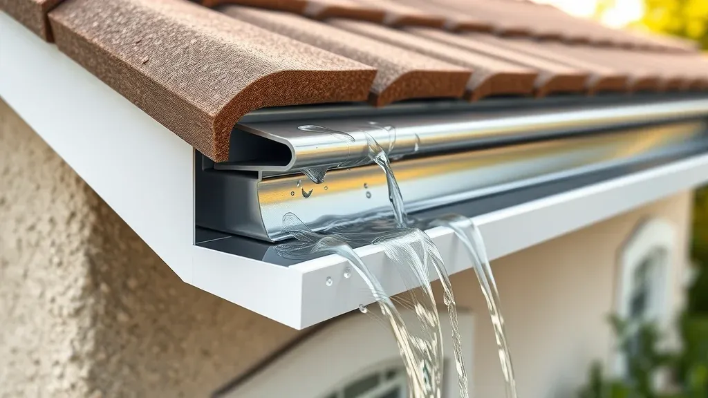 Cutaway view of seamless gutter system for gutter installation in Carlsbad NM showing water flowing and debris blocked