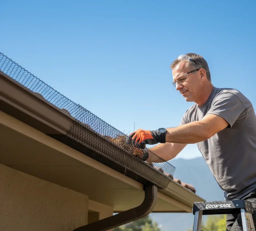 installation of mesh gutter guards — focused, careful technician reaching to fit guard on a ladder, expression of precision and calm