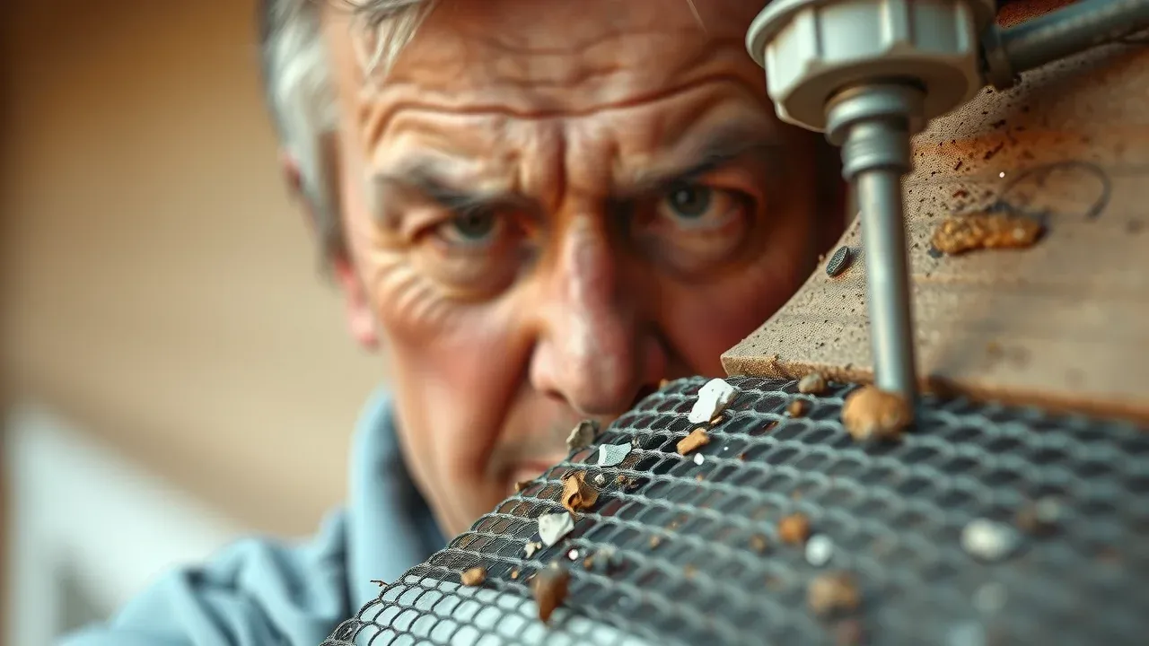 Close-up gutter guard with trapped debris in Carlsbad NM showing minor maintenance needs and effectiveness concerns