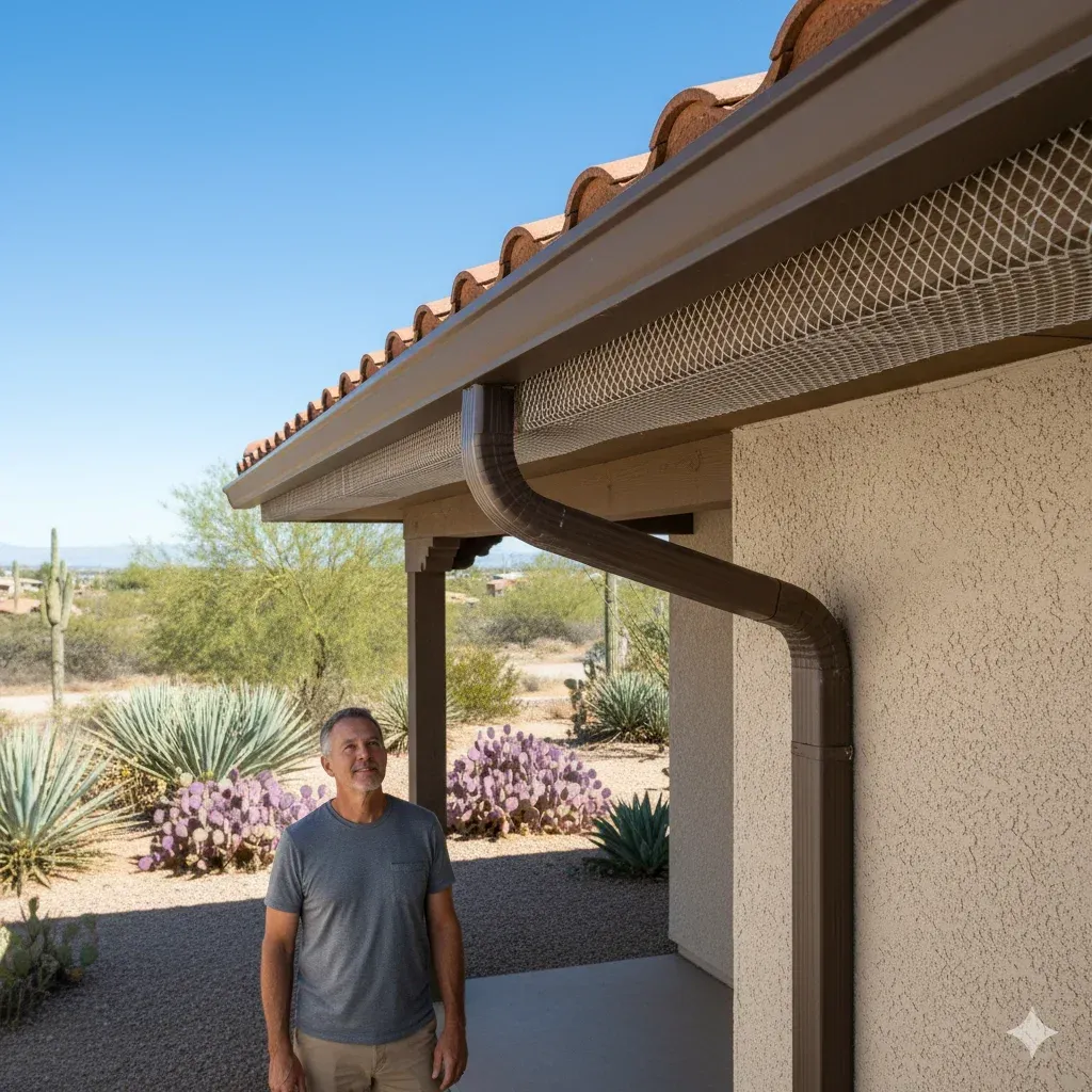 Vivid home exterior close-up of residential gutters in Roswell, New Mexico — Neutral expression, focus on the intricate gutter system free of debris
