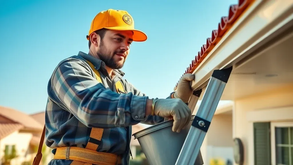 Maintenance worker cleaning gutters in Roswell New Mexico during seasonal roof maintenance