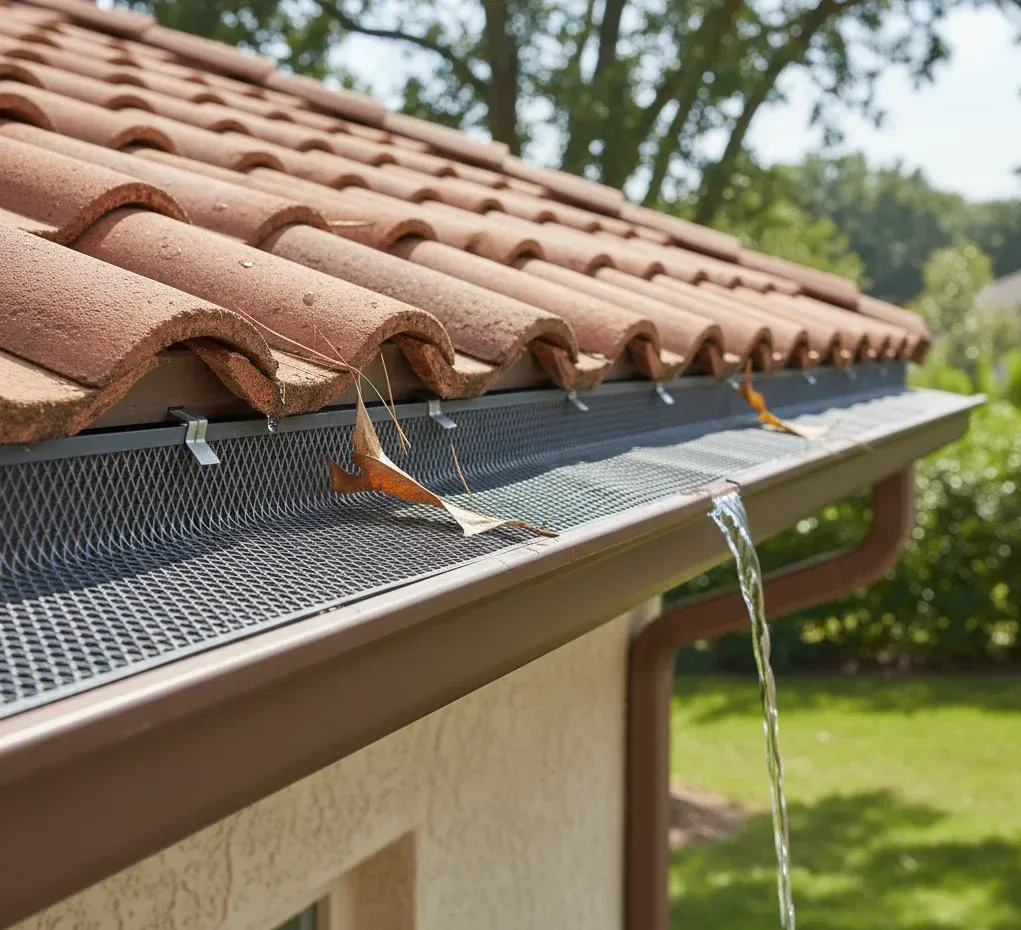 Detailed view of gutter guards fitted over home gutters — No people, guards installed in a grid/mesh style held in place,