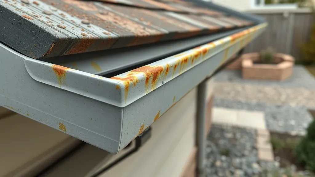 Gutter with rust and mildew symptoms needing seasonal maintenance in Roswell New Mexico