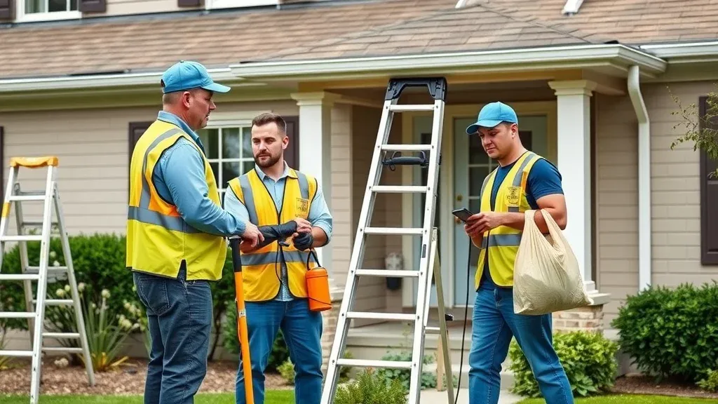 Professional team cleaning gutters in Roswell New Mexico with safety equipment