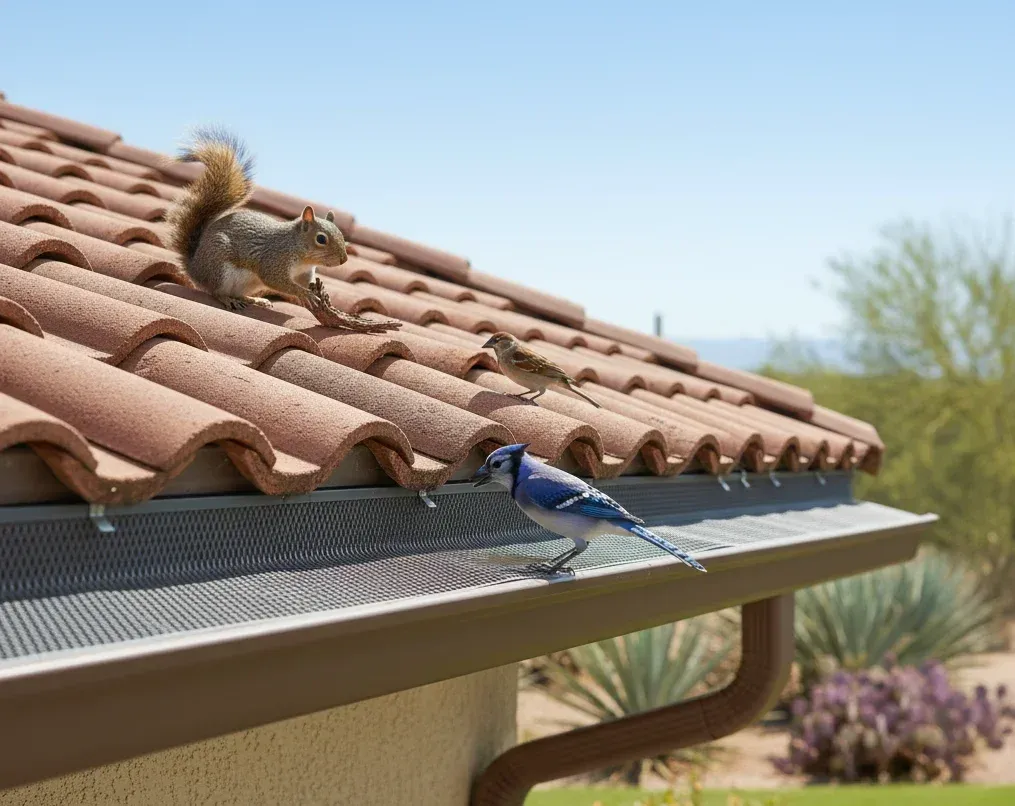 Naturalistic home exterior with a few birds and a squirrel near the gutter line, but no pests inside — No people, focus on gutter area staying clear