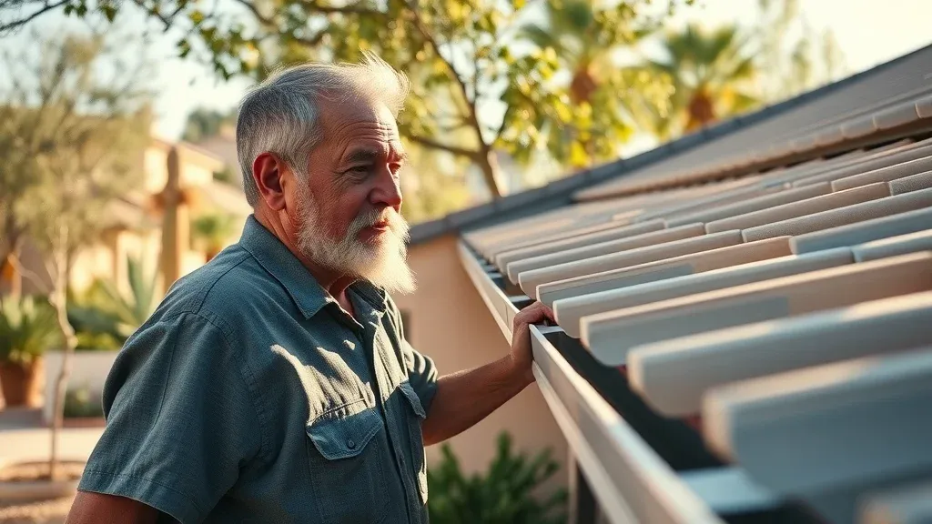 Gutter guards Carlsbad NM—homeowner inspects sleek gutter guards on a sunny day with Southwestern plants and stucco homes