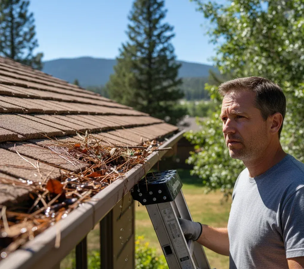 Thoughtful local homeowner examining gutter — Pensive expression, kneeling near gutters with leaves and pine needles